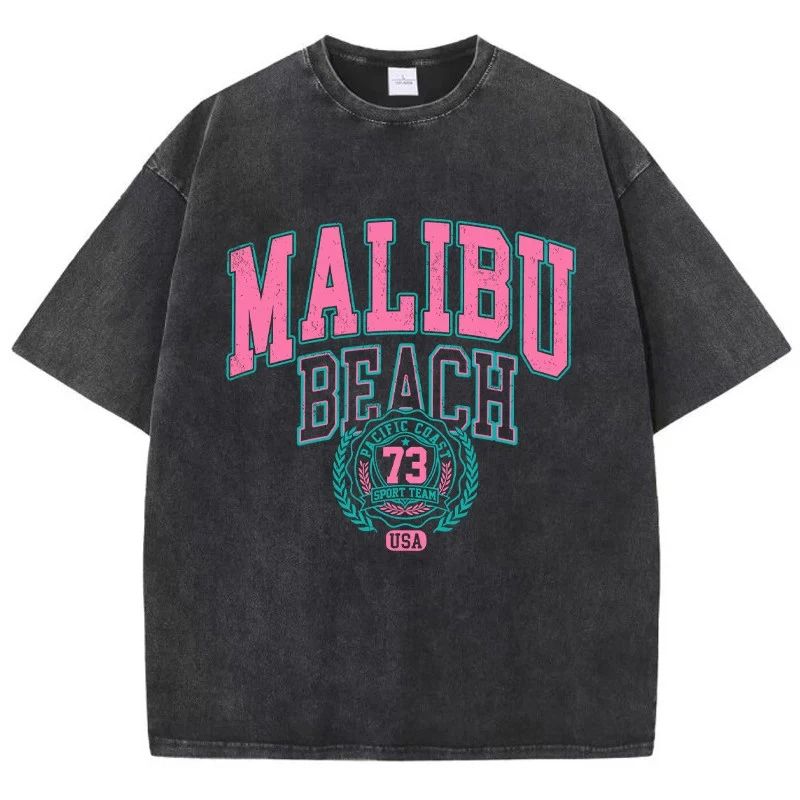 Malibu Beach Acid Washed Graphic Cotton Streetwear Surf Tee Y2K XS-2XL 7 Colors