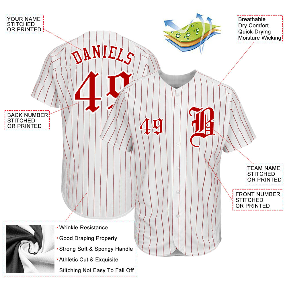 Custom White Red Pinstripe Red-White Authentic Baseball Jersey