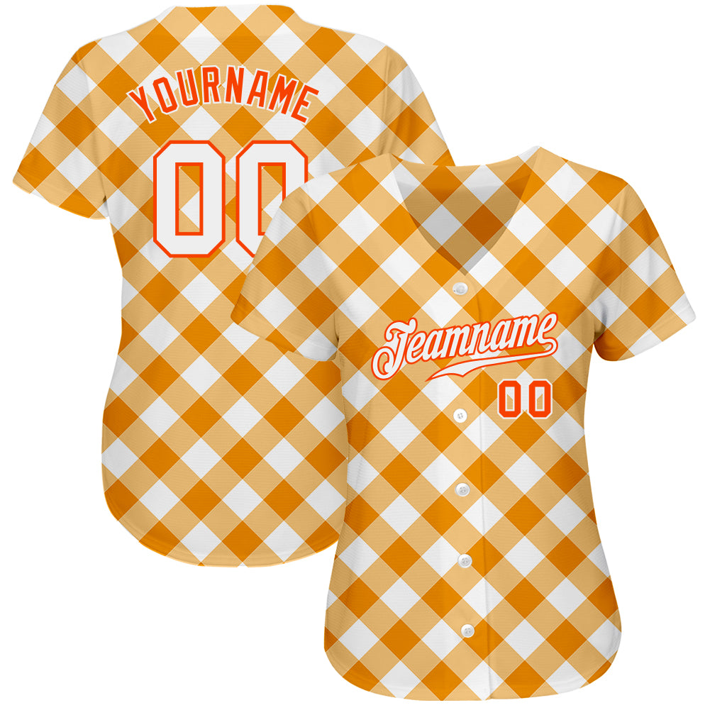 Custom White White-Orange 3D Pattern Design Orange Plaid Authentic Baseball Jersey