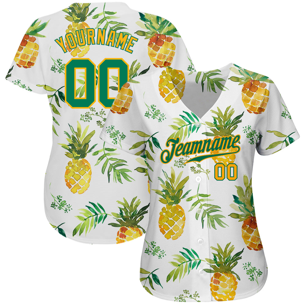 Custom White Kelly Green-Gold 3D Pattern Design Hawaii Pineapples Authentic Baseball Jersey