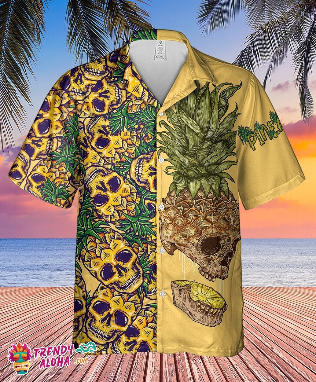 Yellow Horror Pineapple Skull Hawaiian Aloha Button Men's Shirt